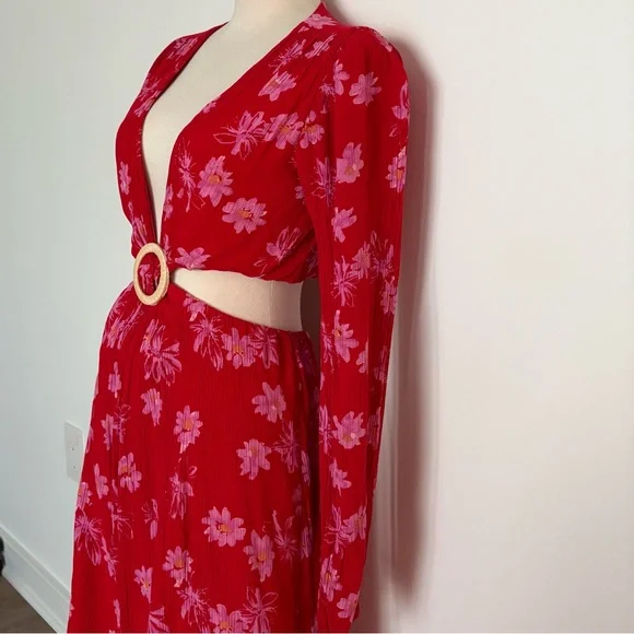 WAYF Womens Maxi Dress Size XS Red Pink Floral Long Sleeve Cutout Deep V - Picture 6 of 10